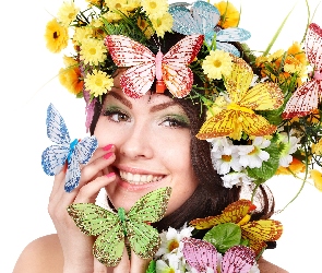 Kobieta, Motyle, Kwiatki, Makijaż
