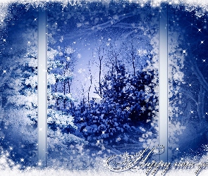 Grafika, Zima, Okno, Drzewa