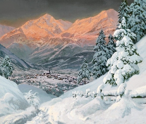 Alois Arnegger, Obraz, Zimowy, Góry, Widoczek, Zima Malarstwo