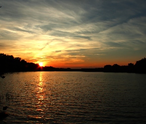 Wieczór, Słońca, Zachód, Jezioro