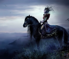 Kobieta, Mgła, Koń