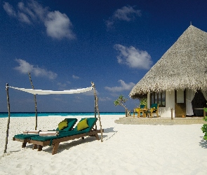 Wakacje, Domek, Plaża, Leżaki