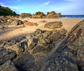 Morze, Woda, Drzewa, Piasek, Skały, Plaża