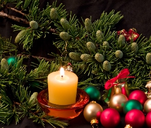 Boże Narodzenie, Dekoracja, Kolorowe, Świeczka, Bombki, Stroik
