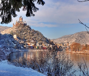 Miasto Cochem, Zima, Rzeka Mozela, Niemcy, Zamek Reichsburg