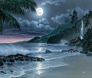 Plaża, Księżyc, Noc, Góry, Morze