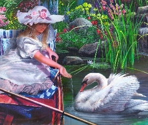 Łabędź, Łódka, Staw, Dziewczynka
