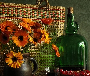 Butelka, Margerytki, Kosz, Pomarańczowe