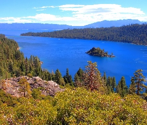 Jezioro, Kalifornia, Lasy, Tahoe, Wysepka