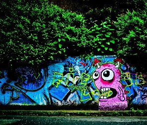 Ulica, Drzewa, Graffiti, Mur