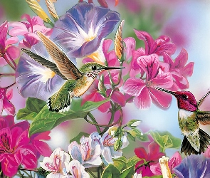 Kwiaty, Art, Kolibry, Dwa, Kolorowe
