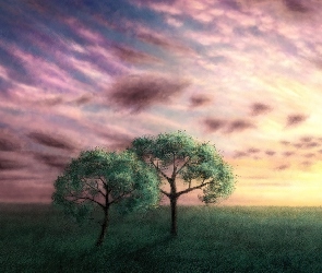 Drzewa, Chmury, Łąka