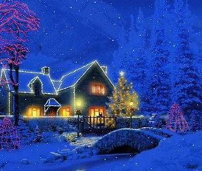 Boże Narodzenie, Zima, Oświetlony, Dom