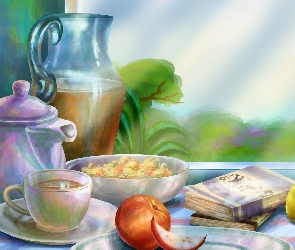 Obraz, Książki, Dzbanek, Filiżanka