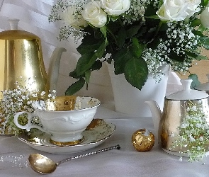Róże, Białe, Dzbanek, Filiżanka