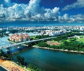 Rzeka, Miasta, Panorama, Most, Singapur