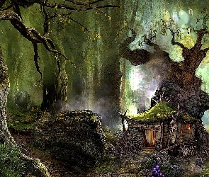 Fantasy, Drzewa, Domek, Las