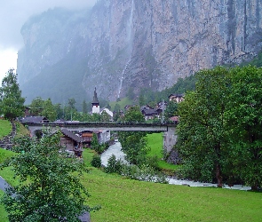 Rzeka, Most, Szwajcaria, Góra, Lauterbrunnen, Drzewa