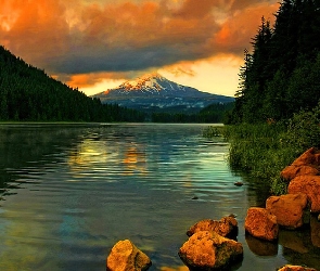 Jezioro, Zachód Słońca, Niebo, Kamienie