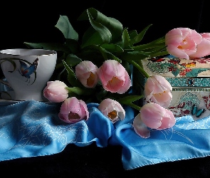 Tulipany, Tkanina, Filiżanka, Pudełko, Różowe