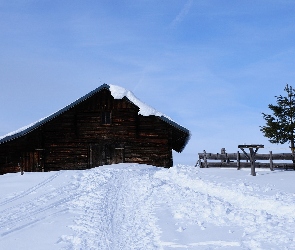 Domek, Niebo, Drzewo, Zagroda, Śnieg