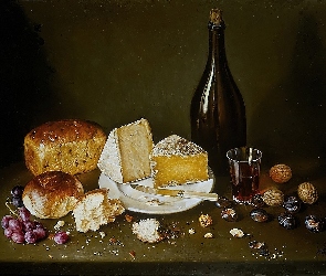 Stół, Winogrona, Wino, Butelka, Ser, Chleb