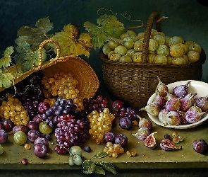 Owoce, Śliwki, Kosze, Stół, Winogrona
