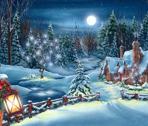 Widoczek, Świąteczny, Malarstwo, Boże, Narodzenie, Zima