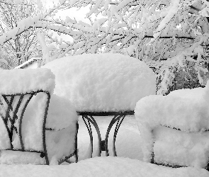 Zima, Śnieg, Krzesła, Stolik