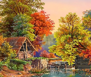 Malarstwo, Widoczek, Staw, Domek, Drzewa, Jesień