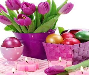Tulipany, Wielkanoc, Świece, Wiaderko, Kompozycja
