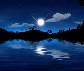 Noc, Odbicie, Księżyc, Gwiazdy, Jezioro