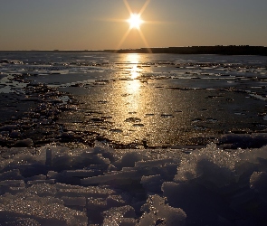 Jezioro, Słońca, Zima, Zachód