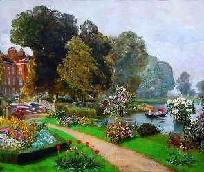 Kwiaty, Staw, Ogród, Pałac