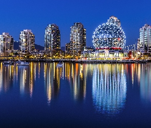 Rzeka, Noc Vancouver, Wieżowce, Miasto