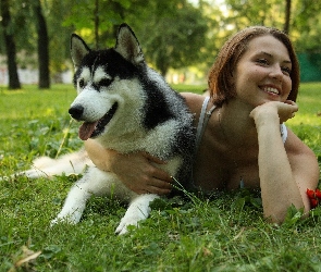 Dziewczyna, Park, Syberian Husky