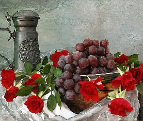 Winogrona, Róże, Kufel, Kwiaty