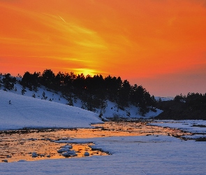 Słońca, Śnieg, Lasy, Rzeka, Zachód