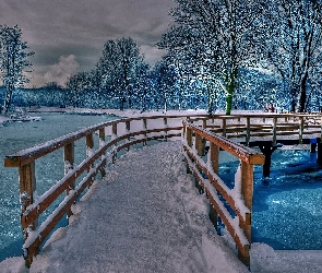 Rzeka, Śnieg, Drzewa, Mostek