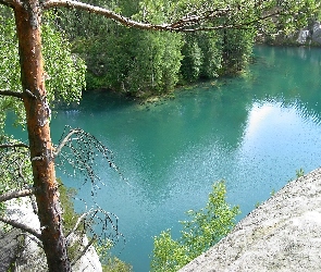 Skały, Czechy, Adrspach, Drzewa, Jezioro