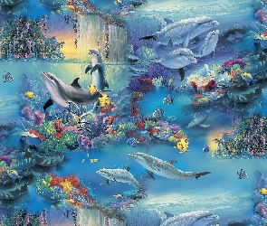 Rybki, Fantasy, Art, Ocean, Delfiny