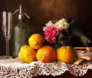 Cytryny, Lemoniada, Butelka, Syfon, Kwiaty