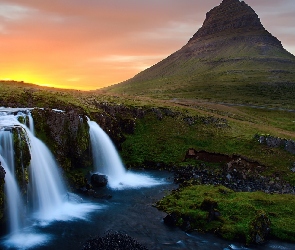 Wodospad, Islandia, Słońca, Zachód, Skały