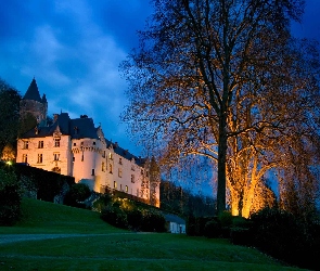 Oświetlony, Noc, Amboise, Francja, Zamek