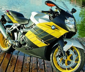Jezioro, BMW, Żółty, Motocykl