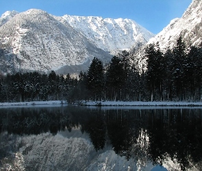 Góry, Las, Jezioro, Śnieg