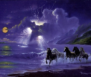 Konie, Księżyc, Plaża, Noc, Morze