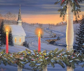 Boże Narodzenie, Balustrada, Udekorowana, Kościółek