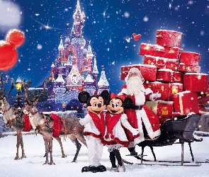 Myszka, Mikołaj, Disneyland, Renifery, Minnie, Miki, Sanie, Śnieg