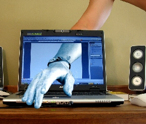 Ręka, 4D, Laptop, Monitor